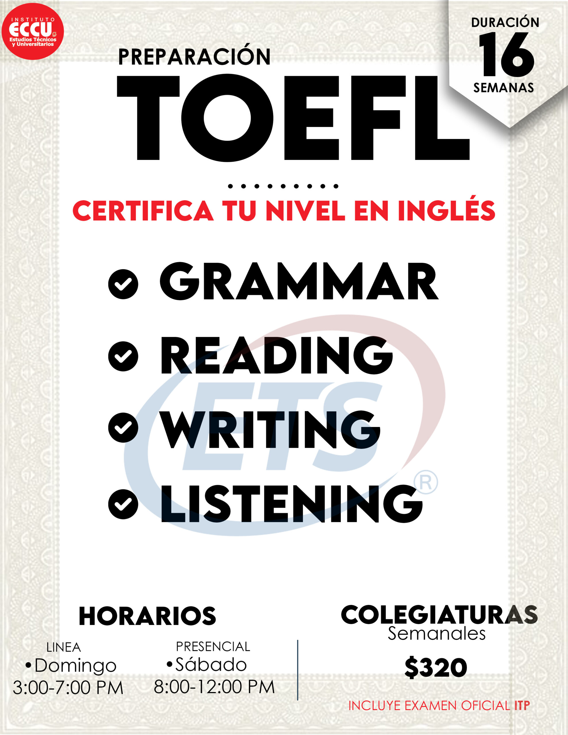 Información original del curso de Preparación para examen TOEFL